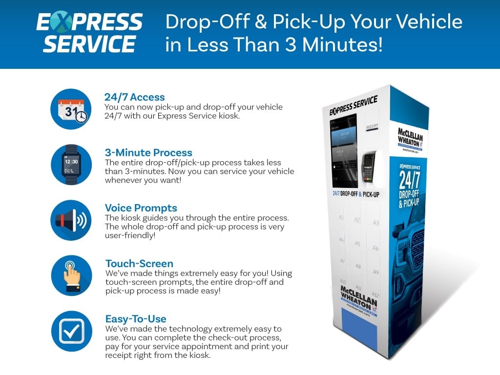 Express Service kiosk offers 24/7 vehicle drop-off and pick-up in under 3 minutes, featuring touch-screen and voice prompts.
