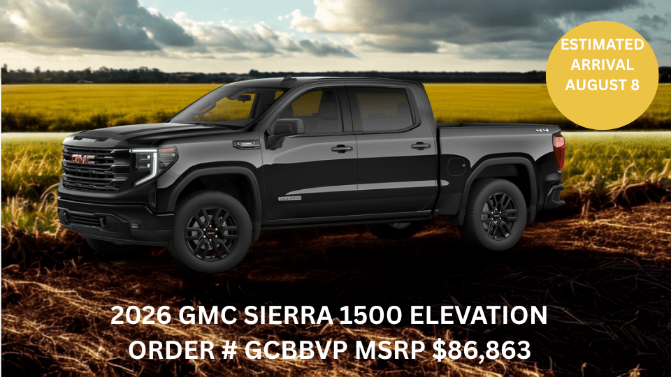 2026 GMC Sierra 1500 Elevation truck in a field, MSRP $86,863, arriving August 8. Order #GCBBVP.