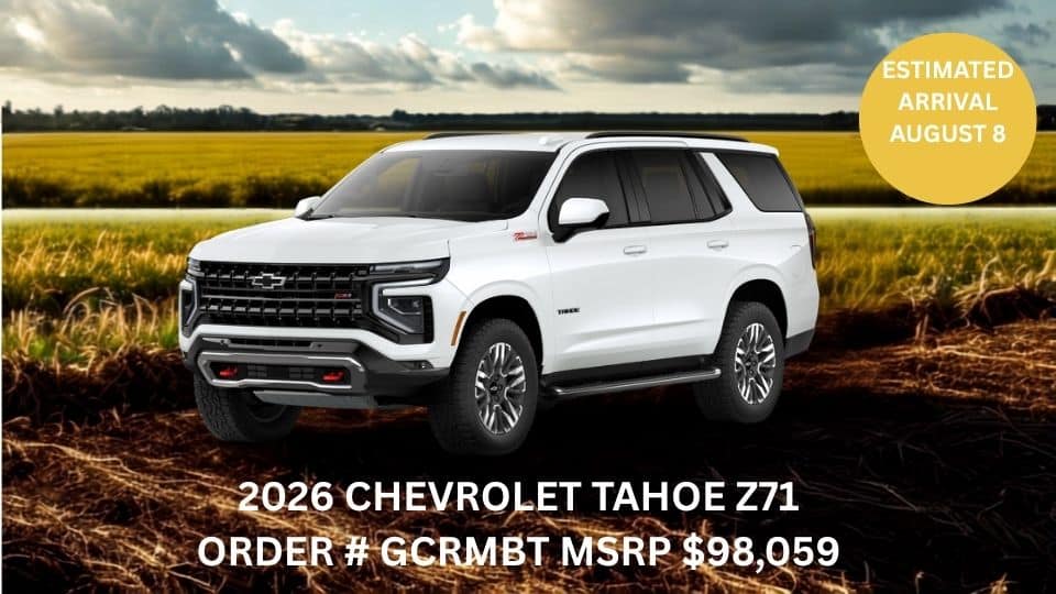 White 2026 Chevrolet Tahoe Z71 SUV in a field, estimated arrival August 8, priced at $98,059.