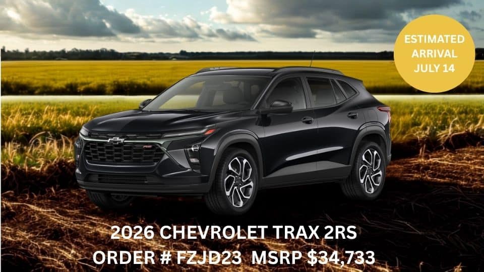 2026 Chevrolet Trax 2RS SUV in a field, estimated arrival July 14, MSRP $34,733, order #FZJD23.