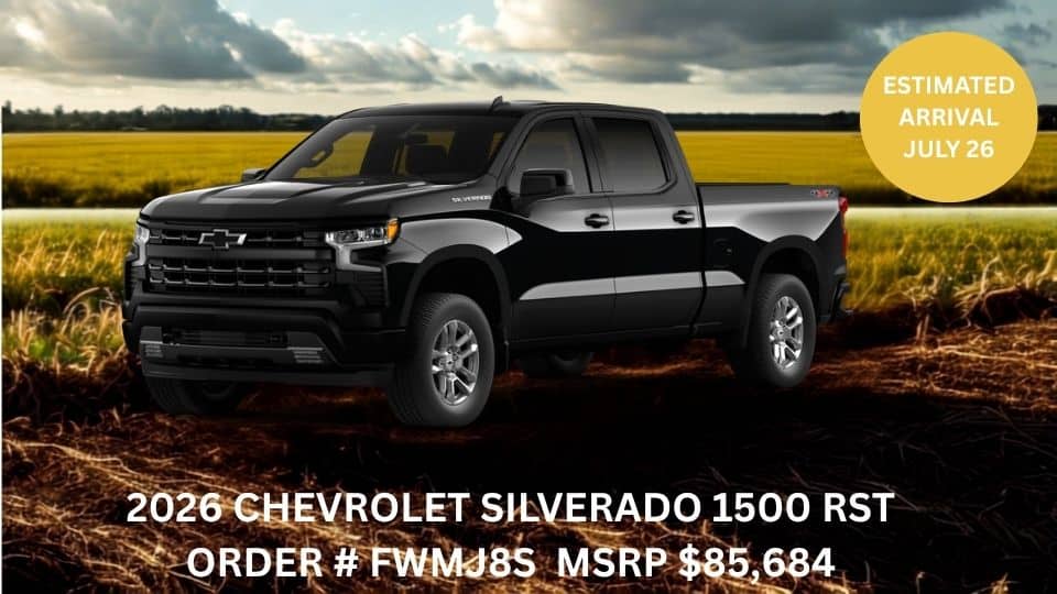 2026 Chevrolet Silverado 1500 RST in a field, estimated arrival July 26; MSRP $85,684.