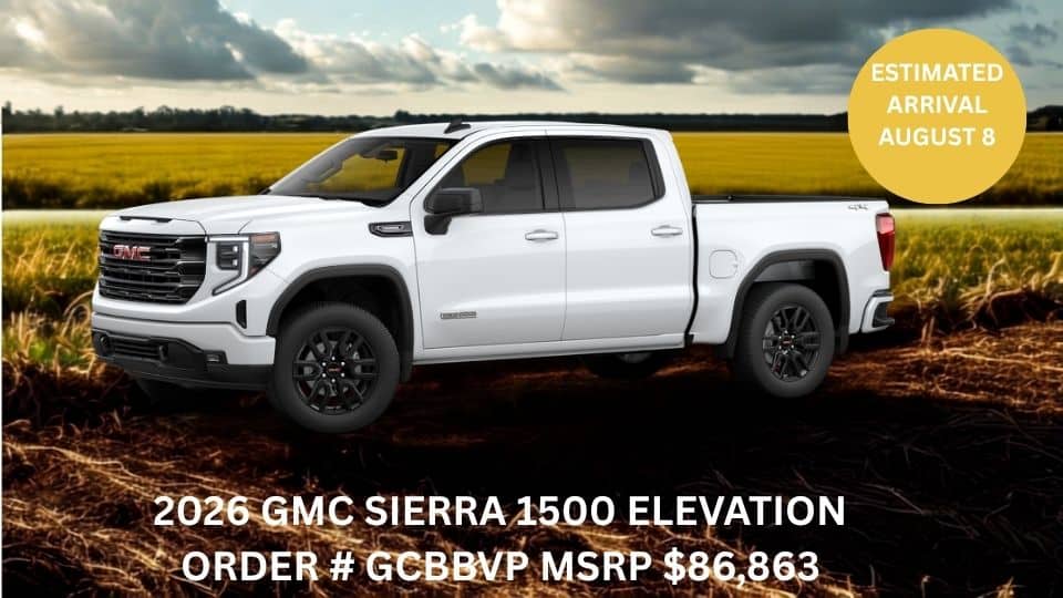2026 GMC Sierra 1500 Elevation truck on rural landscape, MSRP $86,863, arrival August 8.