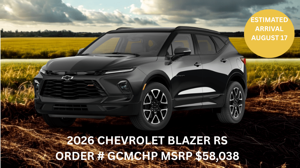 2026 Chevrolet Blazer RS in a field, estimated arrival August 17, MSRP $58,038.
