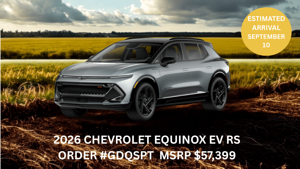 2026 Chevrolet Equinox EV RS in a field, MSRP $57,399, arrival September 10, order #GDOSPT.