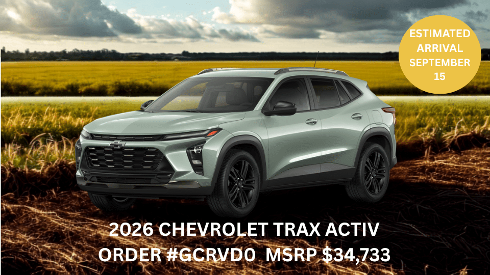 2026 Chevrolet Trax Activ SUV in a field, with arrival date September 15. MSRP $34,733. Order #GCRVD0.