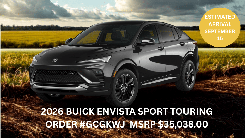 2026 Buick Envista Sport Touring in a field. MSRP $35,038, order #GCGKWJ, arrival Sept 15.