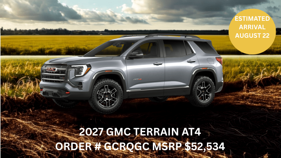 Silver 2027 GMC Terrain AT4 SUV on a rural background. Estimated arrival August 22. MSRP $52,534.