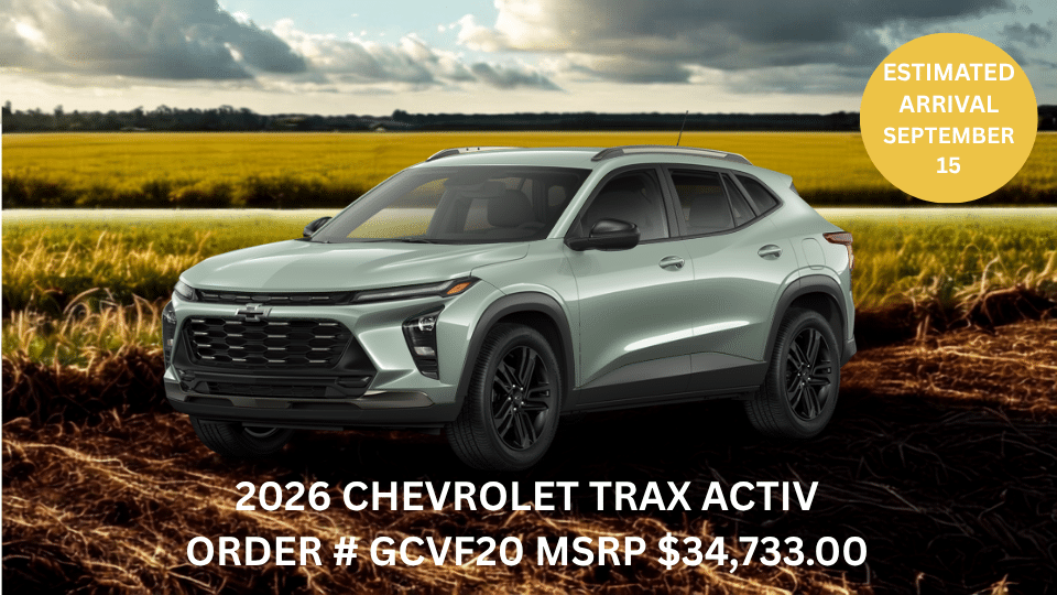 2026 Chevrolet Trax Activ displayed in front of a field. MSRP $34,733. Estimated arrival: September 15.