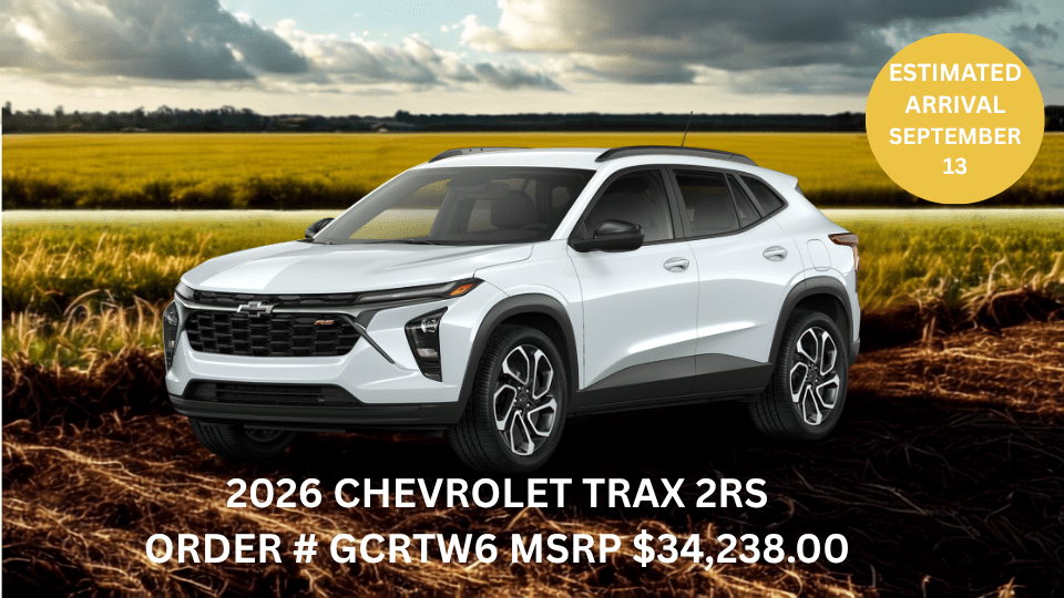 White 2026 Chevrolet Trax 2RS showcased in a field, MSRP $34,238, arrival on September 13.