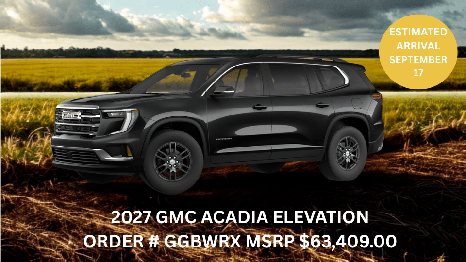 2027 GMC Acadia Elevation in a field. Estimated arrival: September 17. MSRP $63,409.