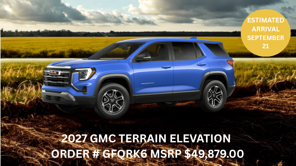 Blue 2027 GMC Terrain Elevation SUV in a field. Estimated arrival: September 21. MSRP: $49,879.00.